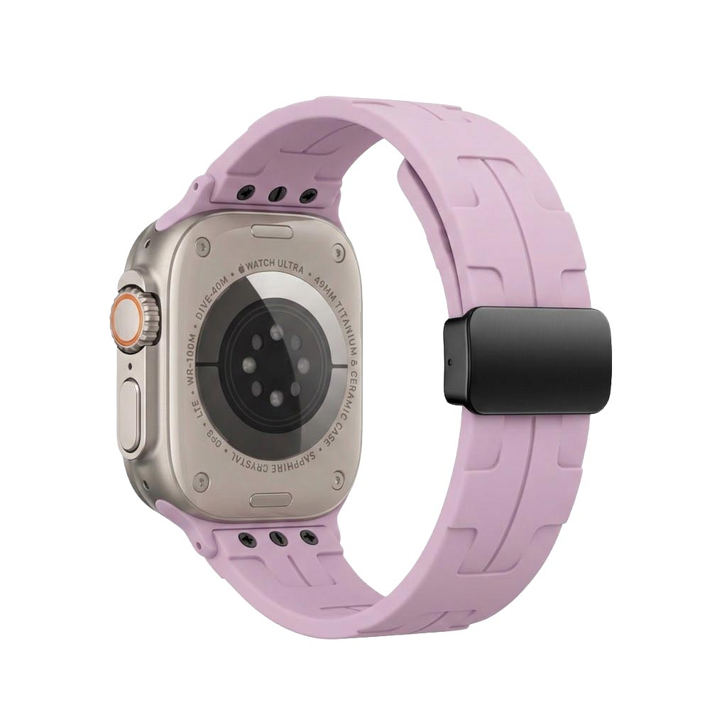 TecHub magnetic silicone watch strap for Apple Watch 42mm to 49mm, showing the sleek, flexible band attached to the watch case.