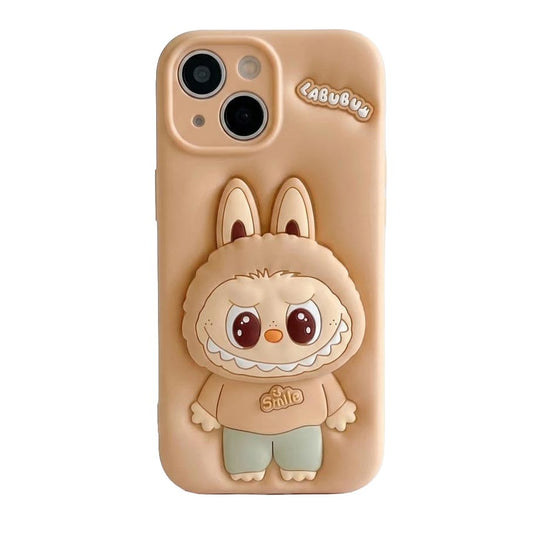 Light brown TecHub Labubu 3D cartoon silicone iPhone 15 case with hand stand feature, designed for playful protection.