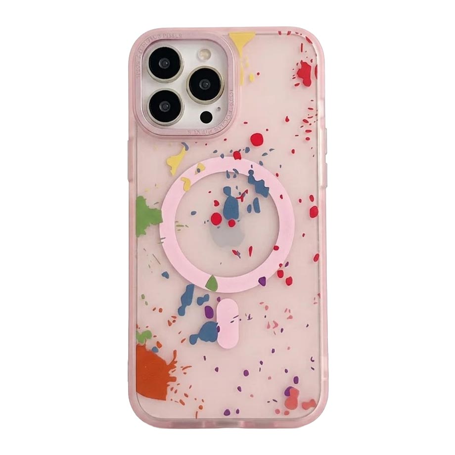 Pink graffiti polka dot MagSafe wireless charging iPhone 13 Pro Max case with slim, protective design.