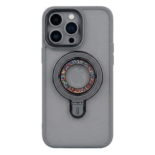 Gray fashion magnetic diamond case for iPhone 15 Pro Max, stylish protective cover with geometric design.
