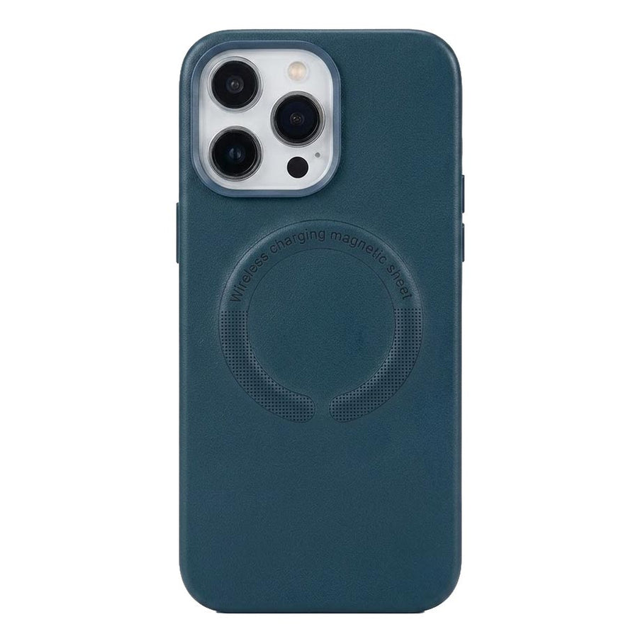 Luxury MagSafe leather case with shockproof bumper for iPhone 14 Pro Max, showing black leather exterior and reinforced edges.