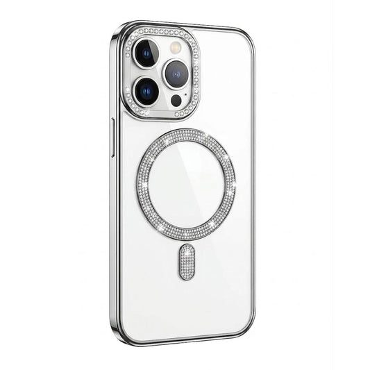 Silver Diamond Strass MagSafe iPhone 16 Pro Max case by TecHub featuring sparkling embellishments and secure magnetic attachment.