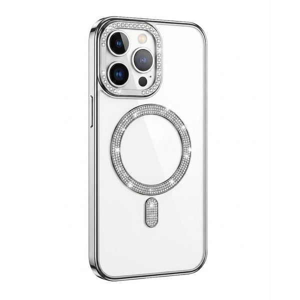Silver Diamond Strass MagSafe iPhone 16 Pro Max case by TecHub featuring sparkling embellishments and secure magnetic attachment.