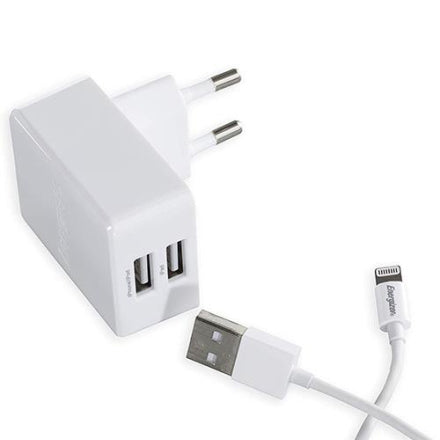 Energizer Dual USB Wall Charger with Lightning Cable, 3.4 A - White - TecHub