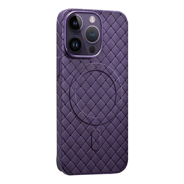 Joyroom braided series MagSafe magnetic case for iPhone 15 Pro in purple with a textured braided design.