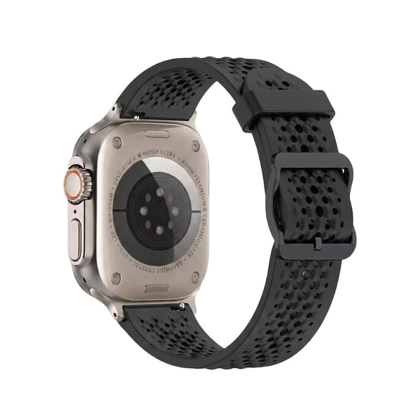Black TecHub breathable mesh silicone case band for Apple Watch 42mm to 49mm, featuring a round design and lightweight comfort.
