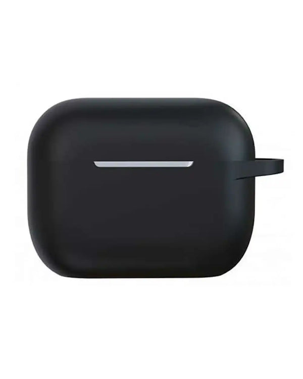 My Store Devia silicone case for AirPods Pro, black protective cover with precise cutouts, showing snug fit and smooth texture.