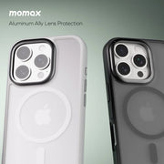 Momax CaseForm Play reinforced MagSafe case for iPhone 16 Pro Max in sandstone with protective edges and sleek design.