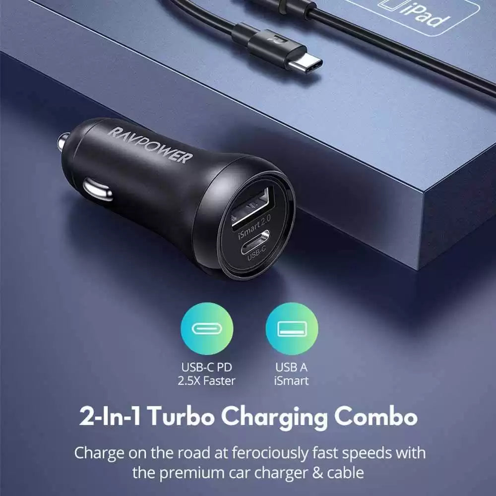 RAVPower 2-Pack PD Pioneer 30W 2-Port USB Car Charger with Type-C Lightning Cable Combo RP-VC015 - TecHub