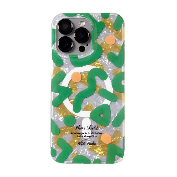Green TecHub graffiti ornaments MagSafe magnetic case for iPhone 16 Pro Max with colorful graffiti design and protective edges.