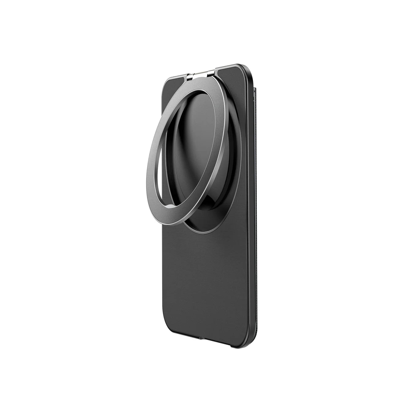 Black JOYROOM JR-ZS432 MagSafe wallet with kickstand attached to a smartphone, showcasing its slim design and magnetic attachment.