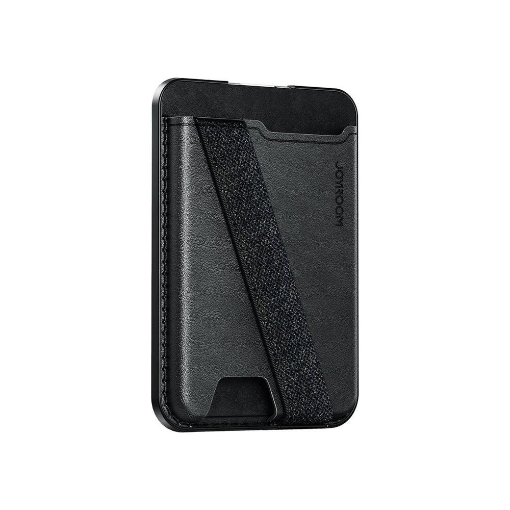 Black JOYROOM JR-ZS432 MagSafe wallet with kickstand attached to a smartphone, showcasing its compact design and functionality.