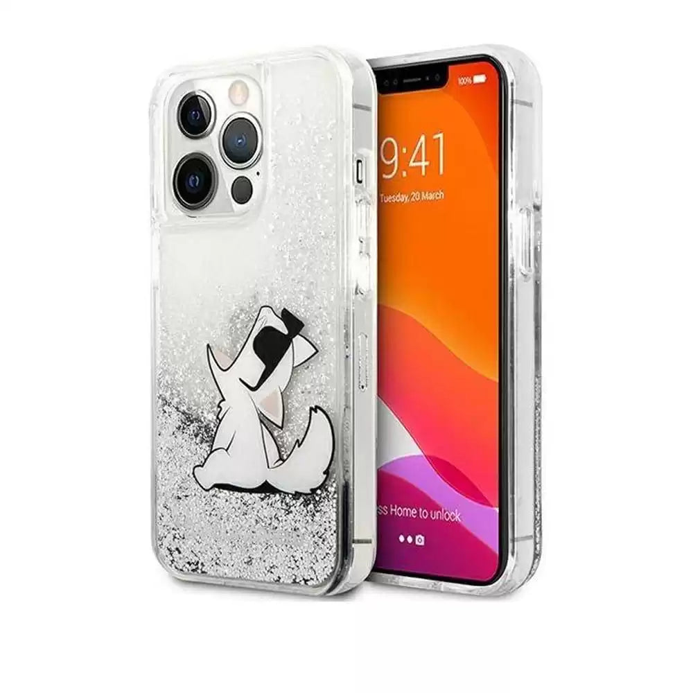 Karl Lagerfeld Liquid Glitter Case Choupette Fun For iPhone 13 Pro - Silver - TecHub