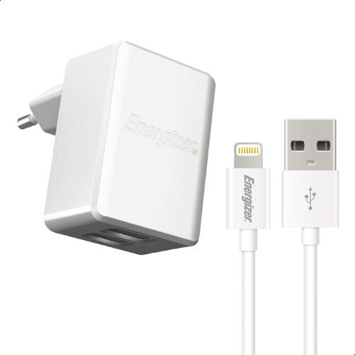 Energizer Dual USB Wall Charger with Lightning Cable, 3.4 A - White - TecHub