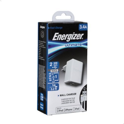 Energizer Dual USB Wall Charger with Lightning Cable, 3.4 A - White - TecHub