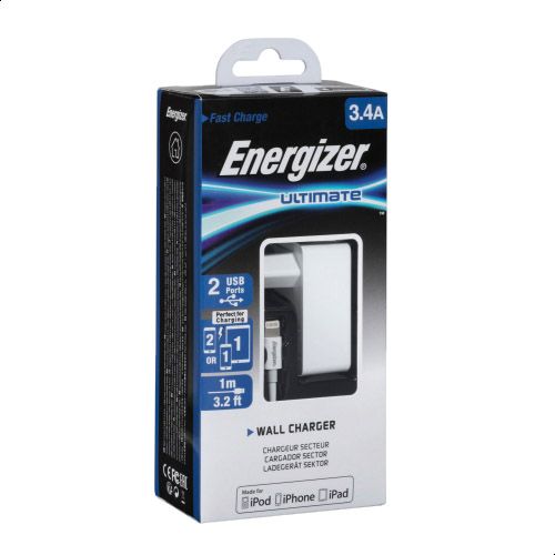 Energizer Dual USB Wall Charger with Lightning Cable, 3.4 A - White - TecHub