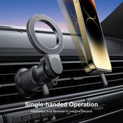 Wiwu MAGO Series MagSafe car mount holder attached to a vehicle dashboard, designed for secure smartphone attachment.