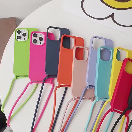 Fashion Crossbody Soft Silicone Case With Shoulder Strap for iPhone 15