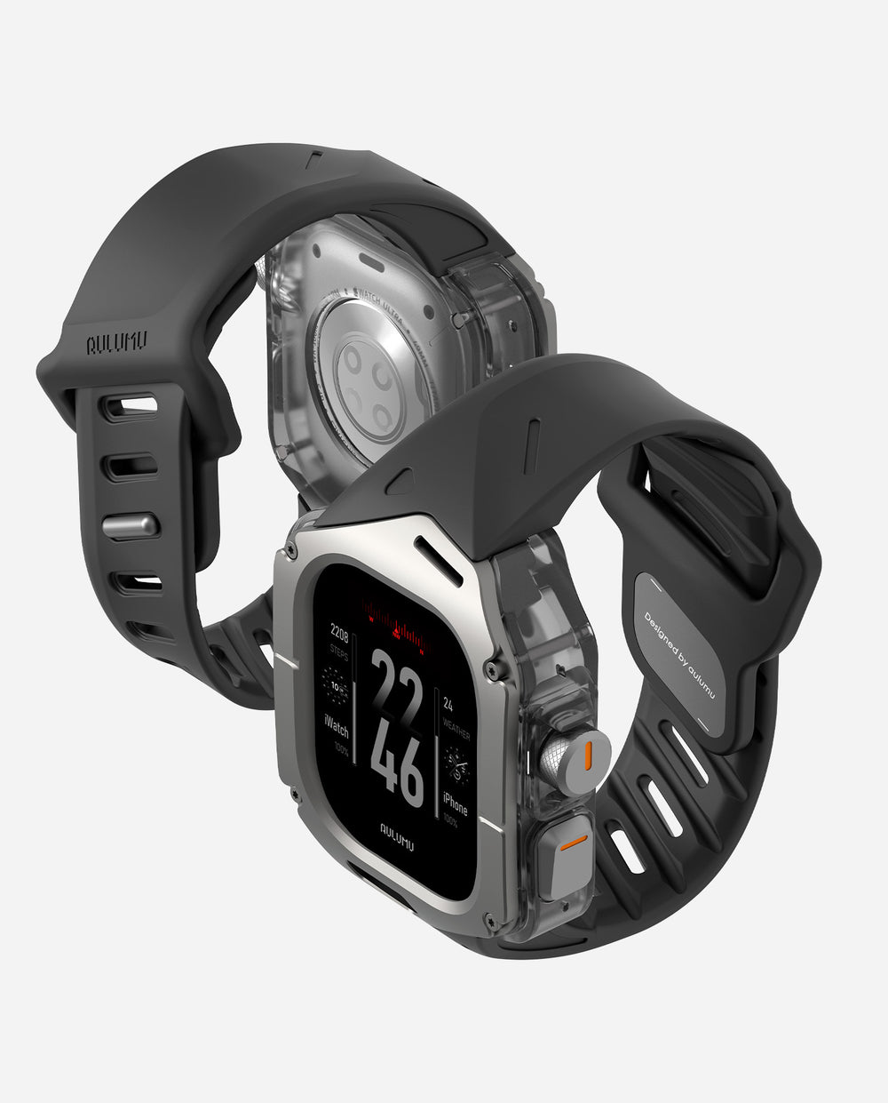 DS Aulumu A01 titanium case with band for Apple Watch Ultra 1/2/3, showing the sleek titanium cover on the smartwatch.