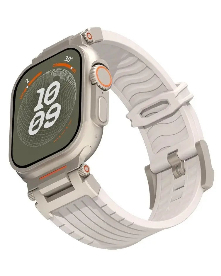 Sport silicone strap with stainless steel bracelet case for Apple Watch 42-49mm by TecHub, shown in black with metal clasp.
