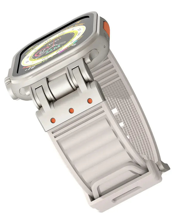 TecHub rugged silicone sports band for Apple Watch 42-49mm in Starlight, shown on a smartwatch case with textured surface.