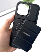 Leather MagSafe stand case for iPhone 15 Pro Max, shockproof design with built-in stand in a sleek, stylish finish.