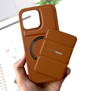 Leather MagSafe stand case for iPhone 15 Pro Max with shockproof design, featuring a sleek, durable brown leather finish.