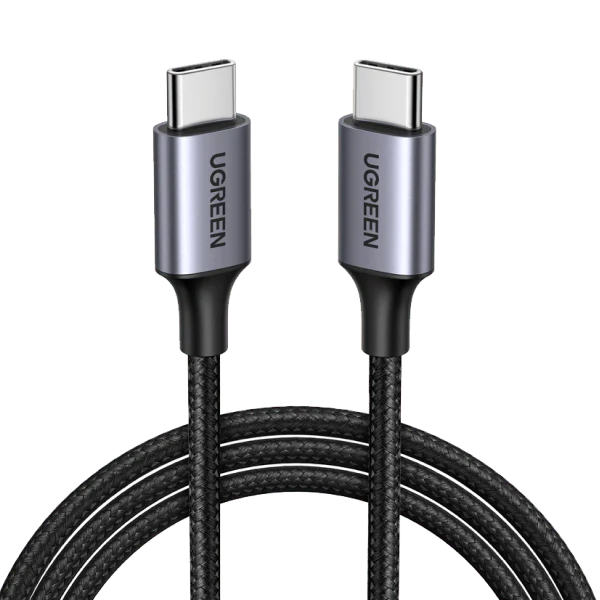 UGREEN 1 meter 60W Type-C to Type-C PD cable with nickel plating and aluminum shell for fast charging and data transfer.