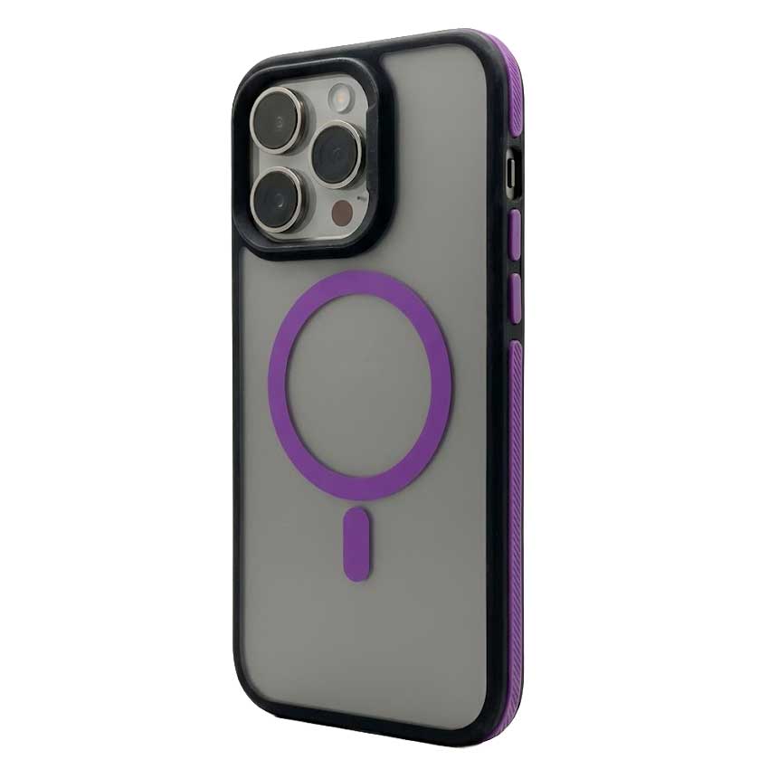 TecHub Q-Series Magic Mask magnetic MagSafe case for iPhone 14 Pro Max, purple and black, showing the sleek design and magnetic edges.