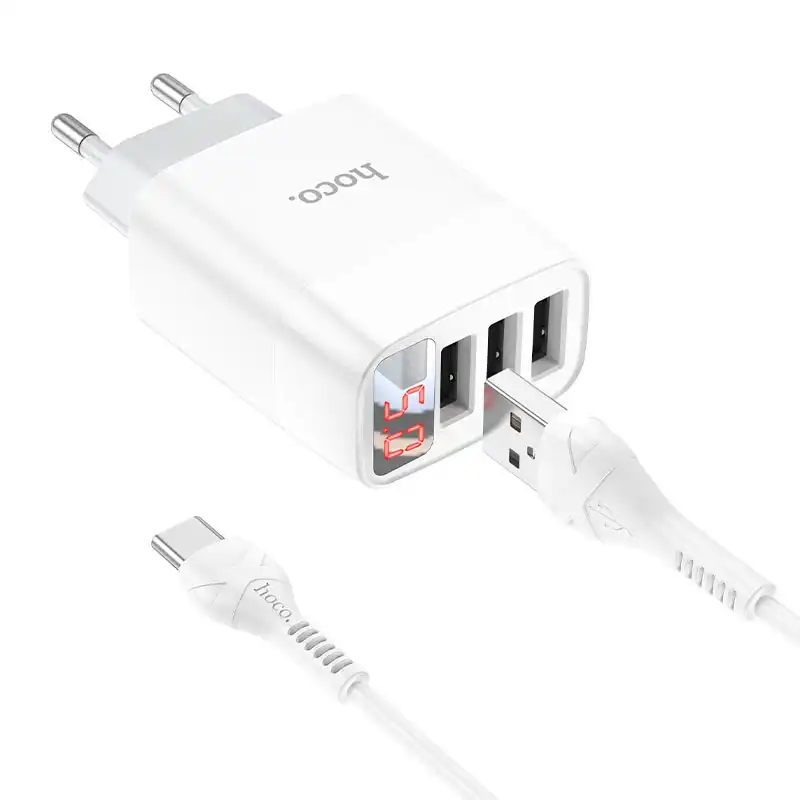 hoco-c93a-easy-charge-3-port-digital-display-wall-charger-eu-tc-set-wire